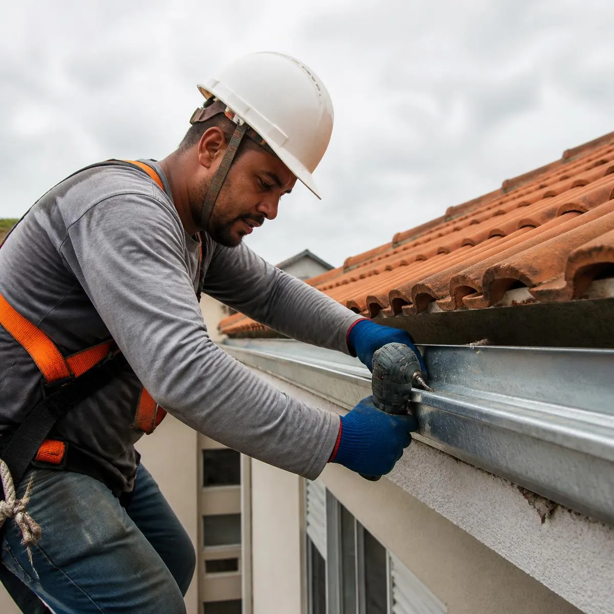 Profissional com capacete e cinto de segurança fixando calha de aço galvanizado em telhado residencial